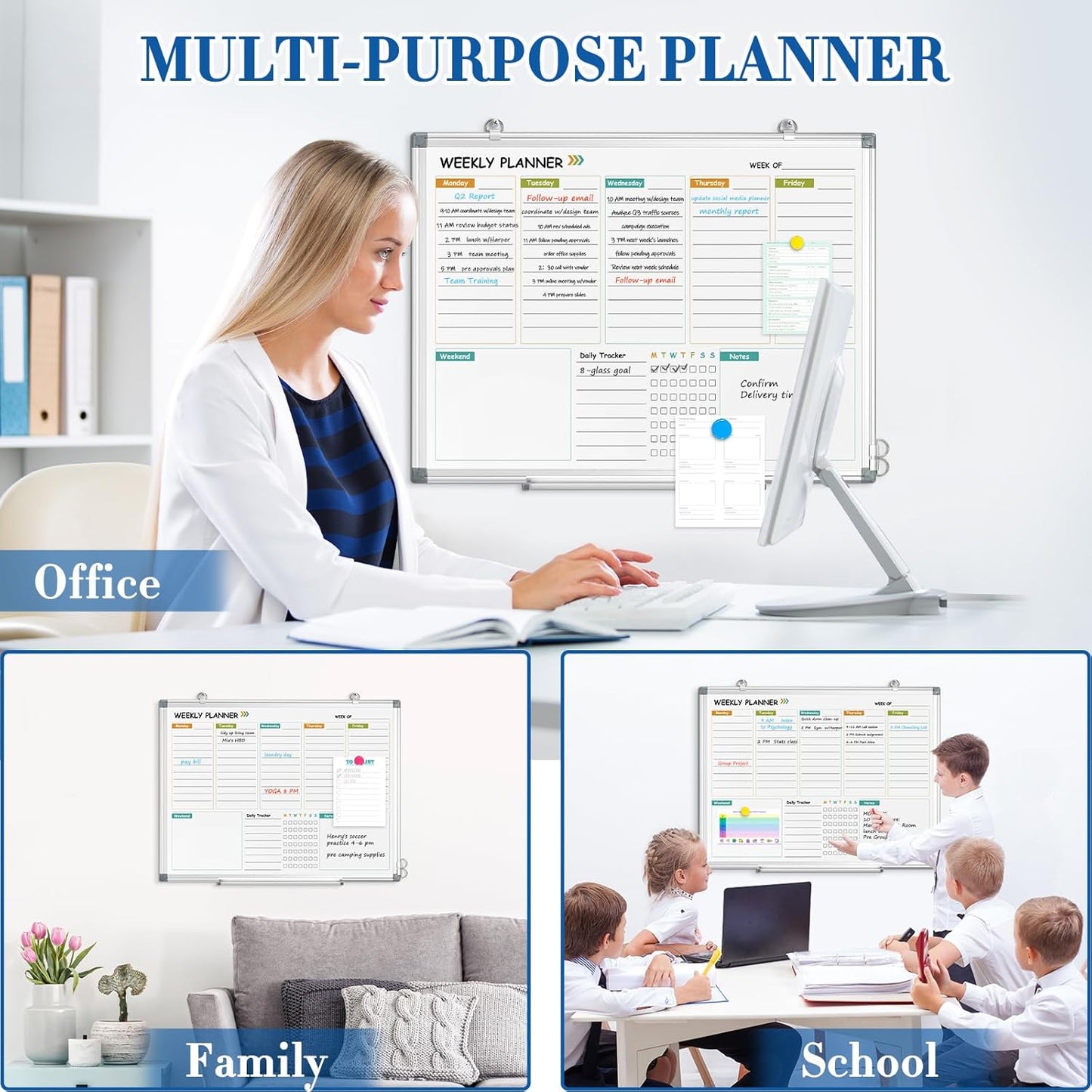 WALGLASS Weekly Dry Erase Calendar Whiteboard for Wall, 24" x 18" Double-Sided Weekly Planner White Board with Notes, Daily Tracker, Aluminum Framed Hanging & Wall Mount for Home, Office, School