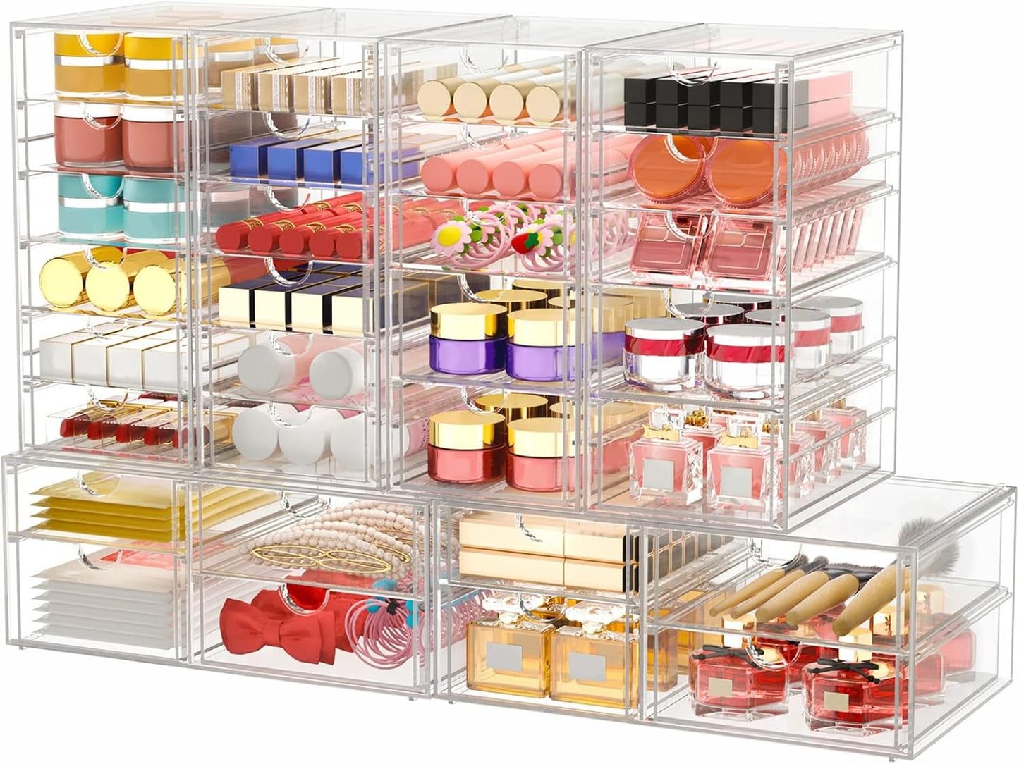 caktraie Makeup Organizer Storage With 16 Drawers, 4 Pcs Desktop Office Supplies, Desk Organizers, Clear Accessories, Dustproof Storage Drawer and for Make Up, Jewelry, Pen, Stationary