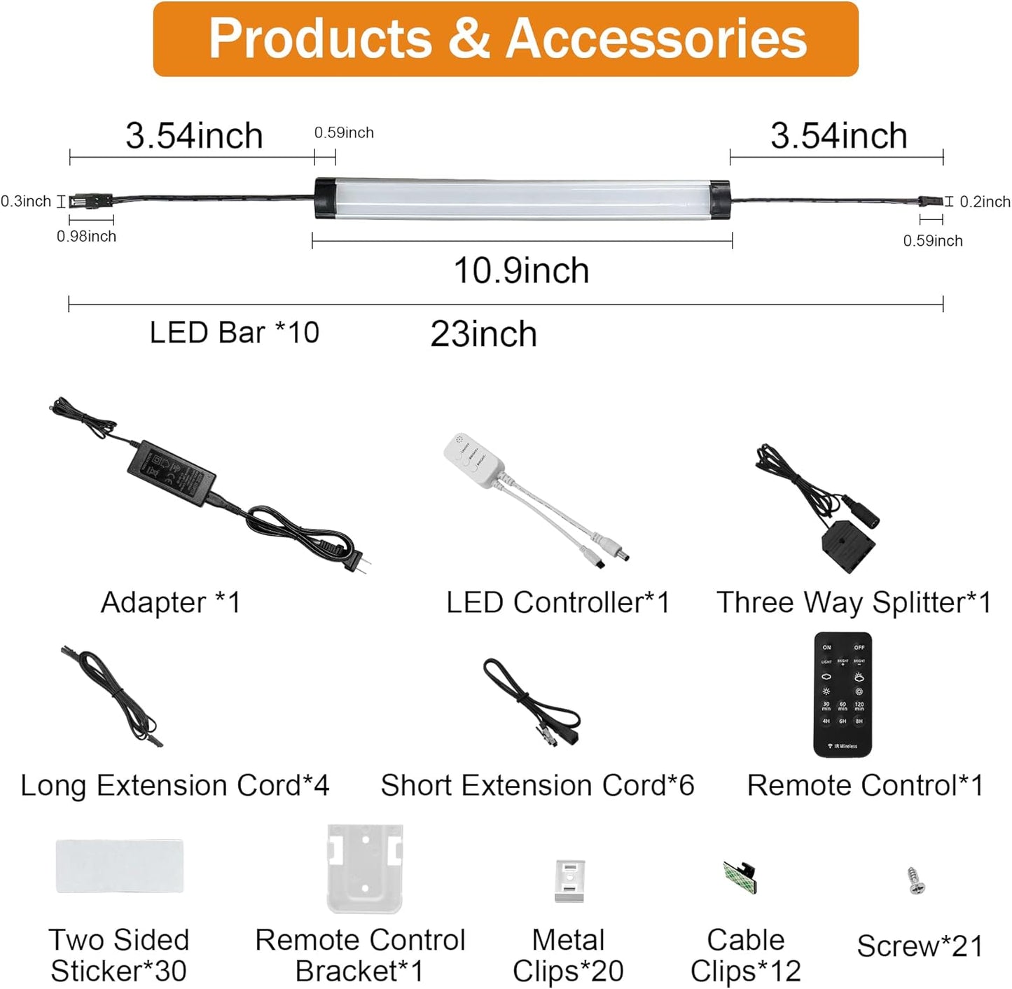 Under Cabinet Lights Kit, LED Smart Dimmable Strip Lighting Fixtures, 24V Plug in Linkable Bar LED Counter Lights for Pantry, Kitchen, Shelf, Bookcases, Showcase (10 PCS, Cold White)
