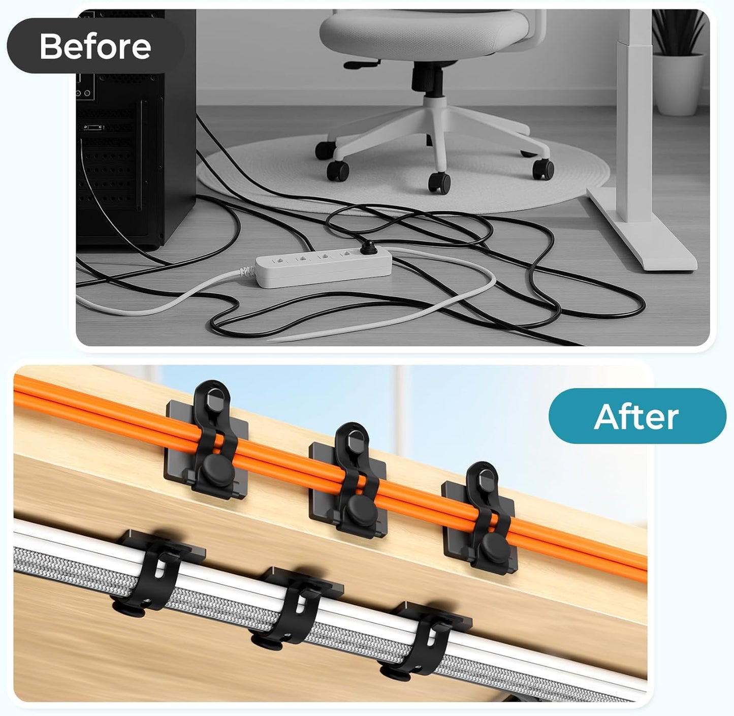 Kanemc Cable Clips Management Kit, 15 Cable Holder With Silicone Cord Ties, 15 Nylon Zip Tie, Extra 15 Screws & 8 Adjustable Cable Straps For Workspace Organizers Computer TV Under Desk Wire Setup