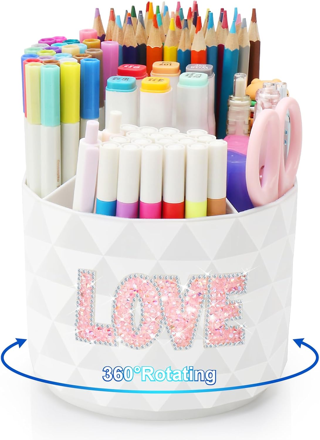 Desk Organizer, 360-Degree Rotating Pencil Pen Holders For Desk, Diamond Pattern Pen Organizer With 5 Compartments, Cute Desk Accessories Decor For Office, School,Home,Art Supply (White)