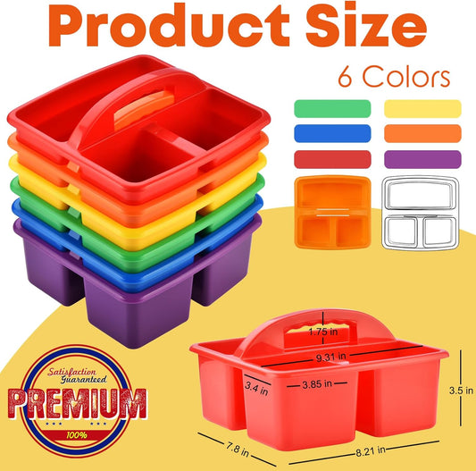 ALINK Plastic Classroom Caddy Organizer with Handle, 6-Pack 3 Compartments, Teacher Supply Storage Caddy for Classroom Organization, Table, Desk, Office, Craft Art for Kids - Assorted Colors