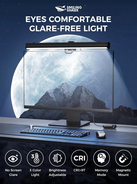 Smiling Shark Monitor Light, BY-03 Screen Light Bar No Glare Memory Mode Eye Caring 3 Color Temperature Dimmable 90°Rotatable USB Powered LED Monitor Lamp with Magnetic for Office Laptop