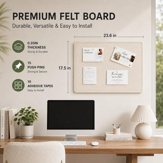 Large Felt Bulletin Board for Wall, 24"x18" Frameless Picture Board, Soft Felt Cork Board for Office, Home Planning & Office Wall Decor, Easy Install Pin Board