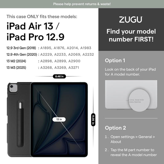 Zugu Case for iPad Air 13 Inch M4 2026, M3 2025 & M2 &/12.9 inch (3rd/4th Gen), Slim Protective Cover with Apple Pencil Charging & Storage, Auto Wake/Sleep, Multiple Viewing Angles (Black)