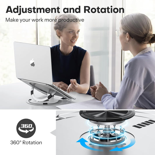 OMOTON Portable Laptop Stand for Desk, Ergonomic Computer Stand with 360° Rotating Base, 5-Level Adjustable Aluminum Foldable Mount, Compatible for 10-15.6" Laptops