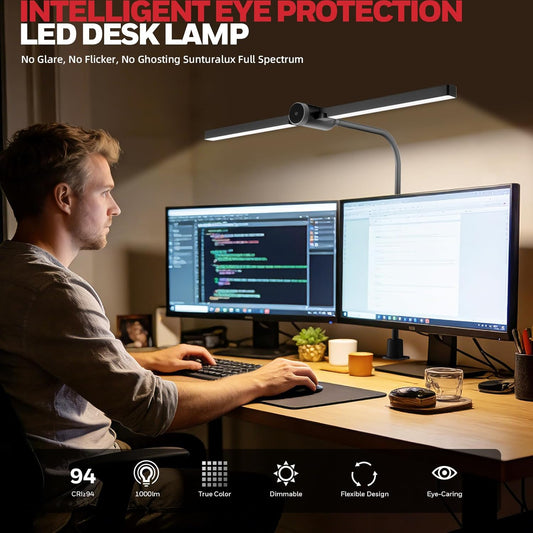 Honeywell Led Desk Lamp with Clamp - HJ4 Sunturalux™, Flexible Dual‑Head Clip‑On Gooseneck Desk Lamps for Home Office, 4 Color Temperature Modes, Stepless Dimming Eye Caring Computer Light, Black