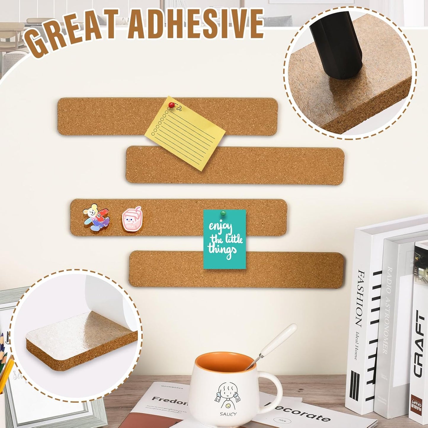 6 Pack Corkboard Strips for Walls, Self Adhesive Thick Cork Board Strips, Peel and Stick Cork Board with 50 Push Pins for Paste Notes, Photos, Schedules