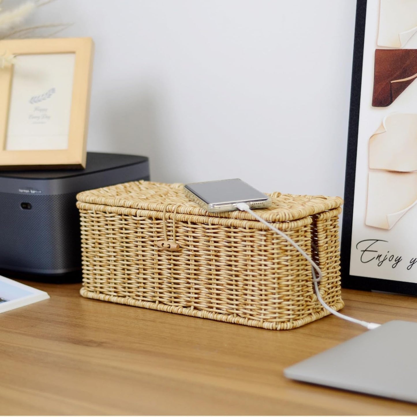 BROWNLILY Cable Management Box, Rattan Style Cord Organizer for Desk Cord Hider Outlet Covers Baby Proofing for Power Strip TV PC Router Charger Under Desk Storage with Lockable Lid and Cable Ties