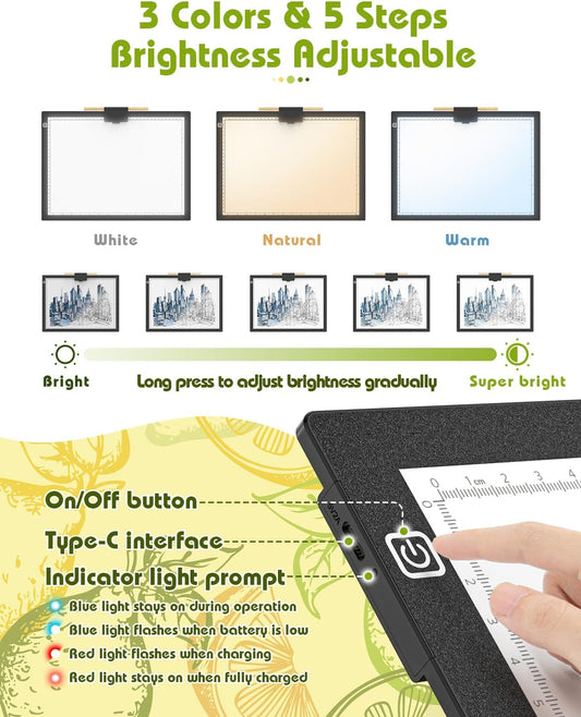 A3 Light Board for Diamond Painting, Rechargeable Battery Light Pad, Magnetic Tracing Light Box, Ultra-Thin Copy Board with 3 Colors& 6 Levels Adjustable Brightness for Drawing, Sketching, Animation