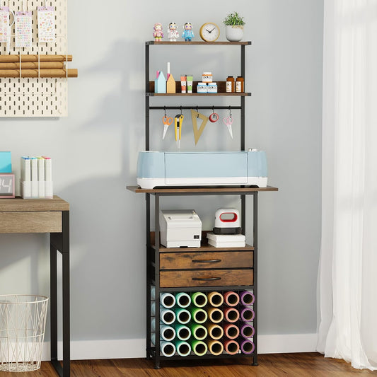 VENNQD Stand Compatible with Cricut Maker and Cricut Explore Air Series Craft Organizers and Storage with 2 Fabric Drawer and Shelves Crafting Table with Vinyl Roll Holder Workstation, White