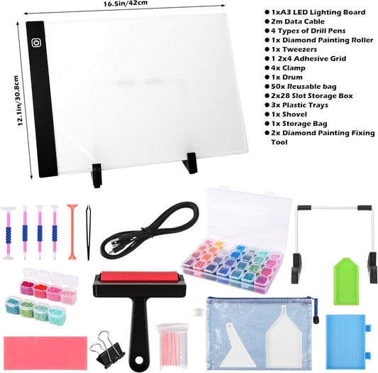 Diamond Painting Storage Accessories Kit with A3 LED Light Pad, Bead Organizers, Drill Pens, Storage Boxes, and Tools for Adult