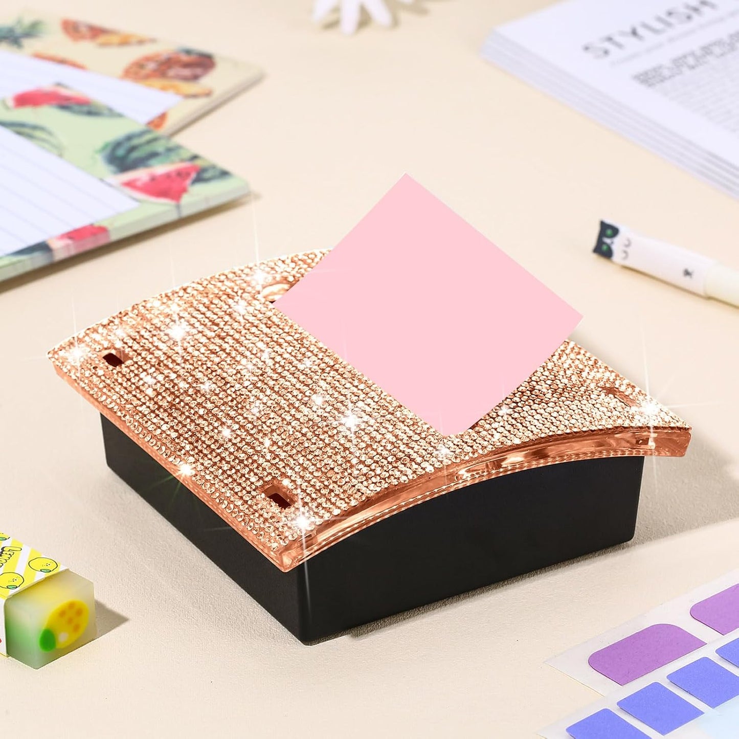 Eersida Rhinestone Self Stick Note Pad Holders 4 x 4 Inches Pink Cute Note Holder Sticky Dispenser Bling Memo Stick Dispenser for Office Employee Coworkers Gifts Home Desk Supplies