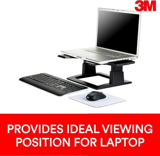 3M Adjustable Laptop Stand, Raise Screen Height to Reduce Neck Strain, 3" Height Adjustment, Large Platform for Docking Station, Non-Skid Base Keeps Laptop Secure, Cable Management, Black (LX500)