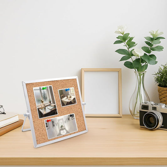 2 Pack Cork Board Bulletin Board, Double Sided Pin Board with Silver Aluminum Border, Desktop Small Cork Board with Stand Suitable for Home, Office, Desk Message Board or Picture Board 9.8"×9.8"