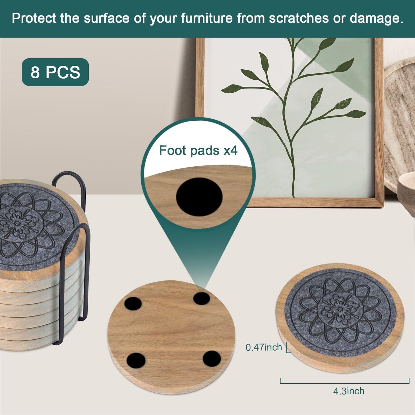 Wood Coasters for Drinks, Minacun Absorbent Coaster Sets of 5, Drinks Coasters for Coffee Tabletop Protection, Non-Slip, Non-Stick, Suitable for Kinds of Cups Wooden Table Drink, 4.3 Inches Black