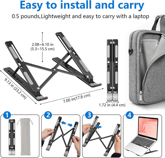 Laptop Stand for Desk, Aluminum Metal MacBook Stand,Computer Riser for Desk, Portable Foldable Adjustable Notebook Holder, Compatible with 10-15.6 Inch Laptops, iPad, Silver.