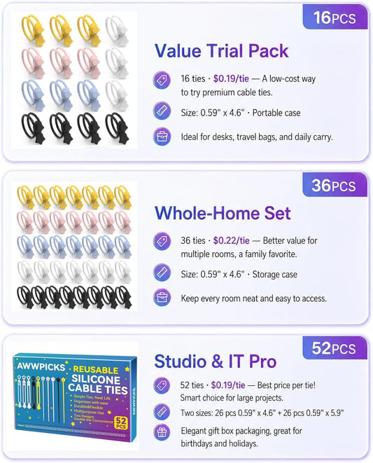 Quick Bind–Silicone Cable Ties Reusable, Cord Organizer for Charging Cables, Data Cables & Computer Wires, Multipurpose Elastic Cable Management Straps for Home,Office,Travel(16pcs,colorful)
