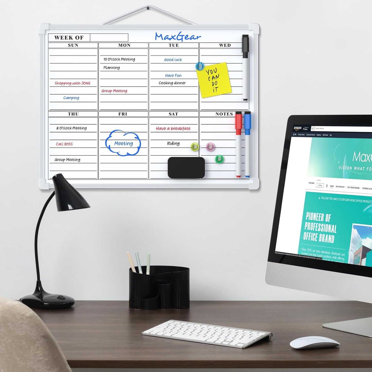 MaxGear Monthly Calendar Dry Erase Board for Wall, 16"x12" Small Hanging Double-Sided White Board, Portable Whiteboard for Planning, Drawing, Memo, to Do List, School, Home, Kitchen, Office
