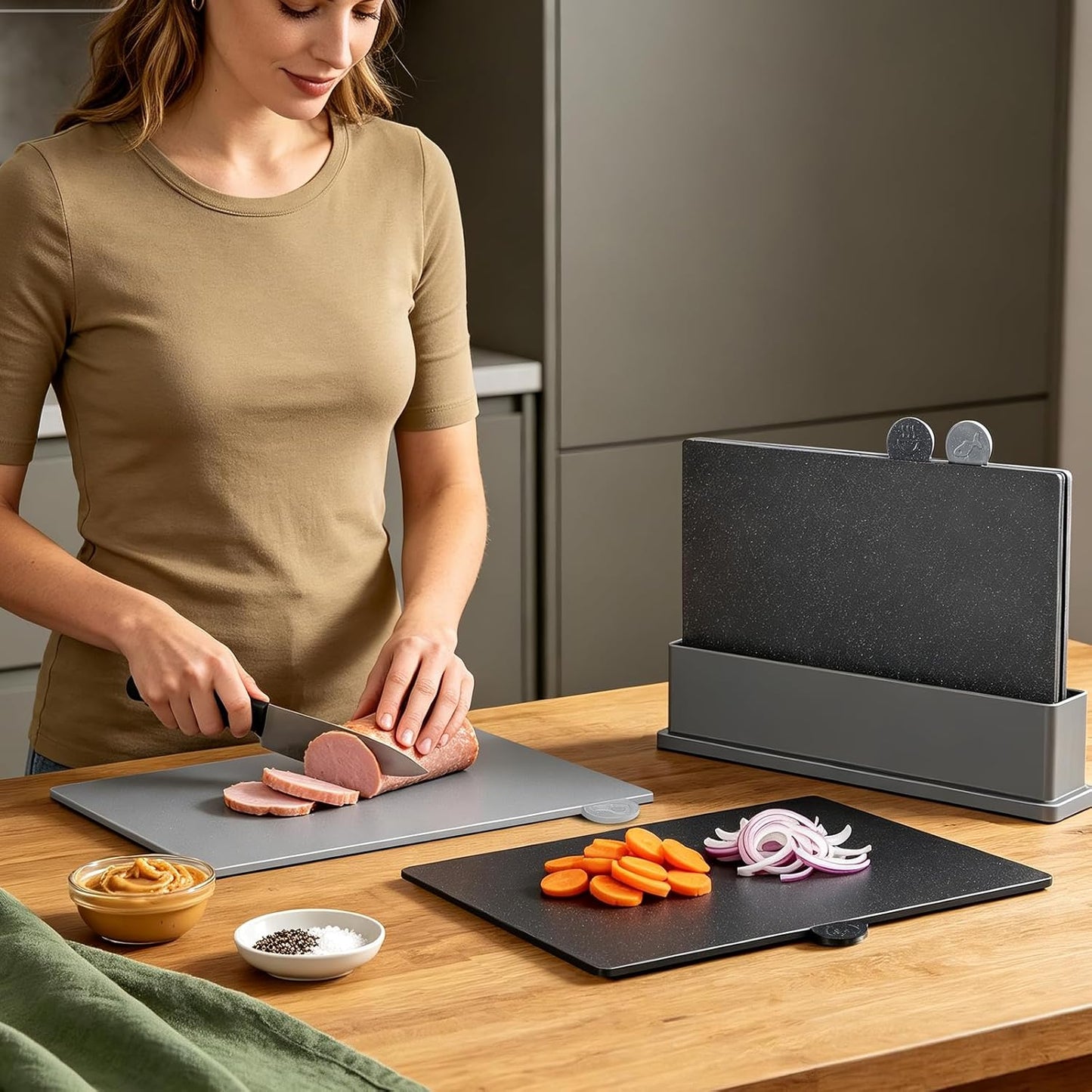 MASTERTOP Plastic Cutting Boards for Kitchen, Set of 4 Color Coded Chopping Boards with Storage Stand & Juice Grooves, Dishwasher Safe, Heat Resistant Meat and Bread Boards with Easy-Grip Handles