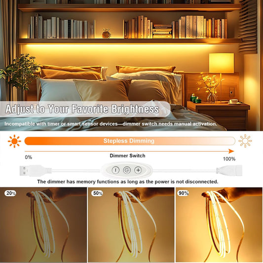 USB Light Strip Warm White 3000K CRI 92+ Small Dimmable COB LED Strip Light Cuttable 5V USB Powered 6 ft 10W for TV Backlight Cabinet Bedroom Indoor DIY Lighting Project