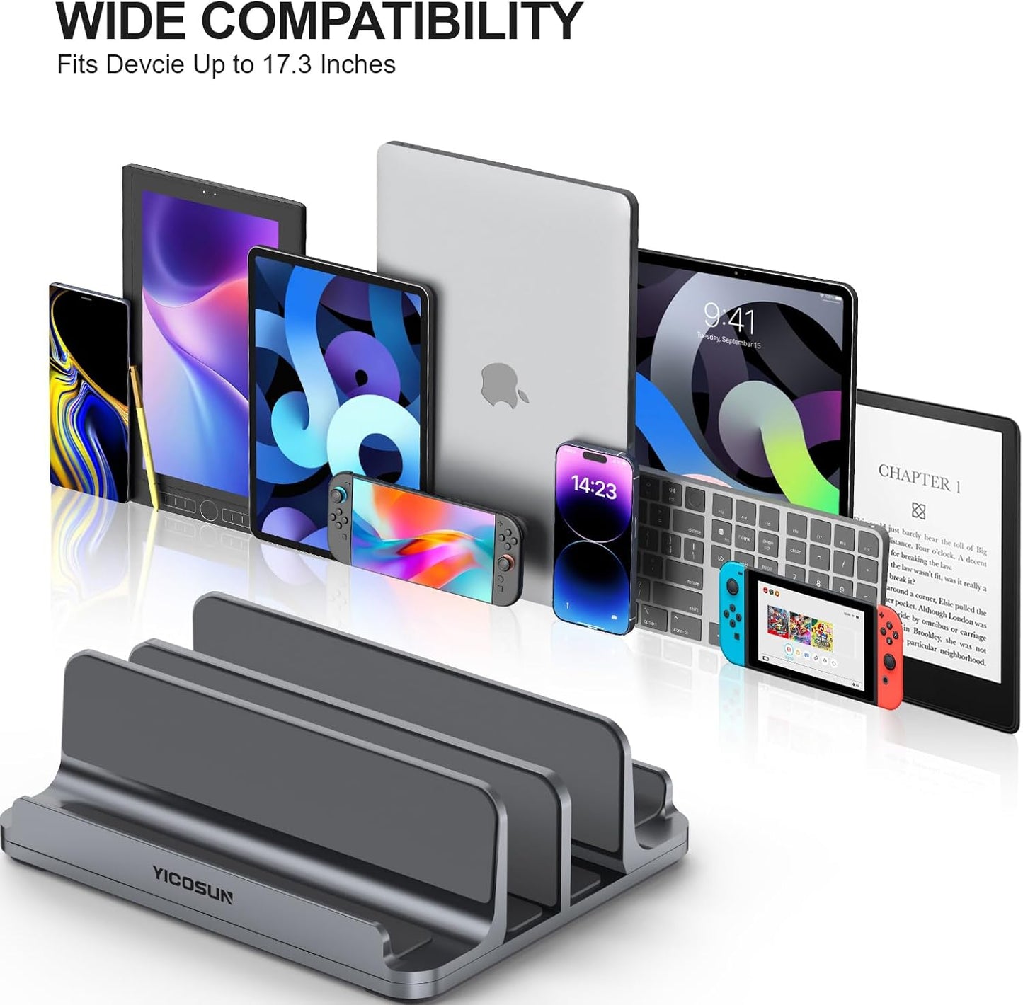 YICOSUN Dual-Slot Aluminum Vertical Laptop Stand for Desk - Adjustable Width Dock for MacBook, Surface, Samsung, HP, Dell up to 17.3 inches - Space-Saving & Protective Design - Gray