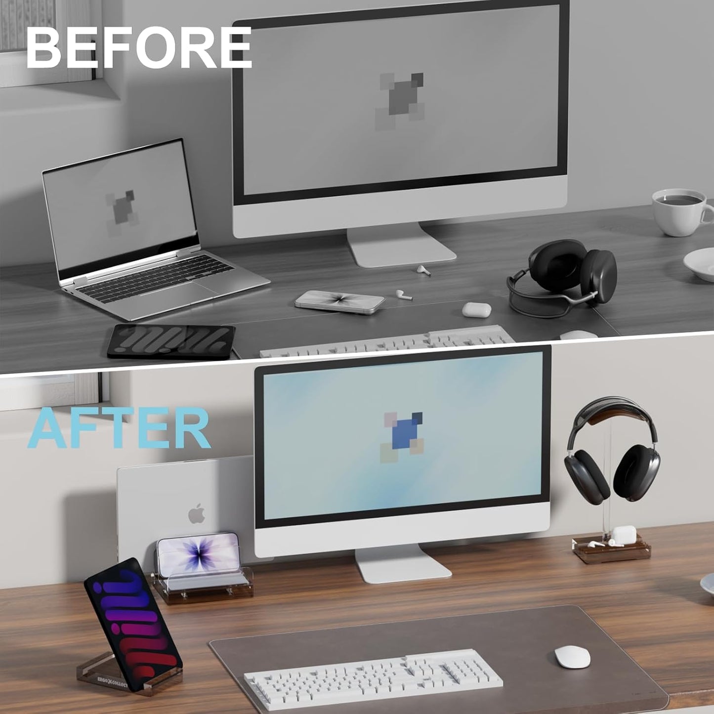 Vertical Laptop Stand for Desk – Adjustable Dual Slot Holder (Fits 2 Laptops & Controller), with Matching Headphone Stand & Phone/Tablet Holder, Acrylic Wood Finish