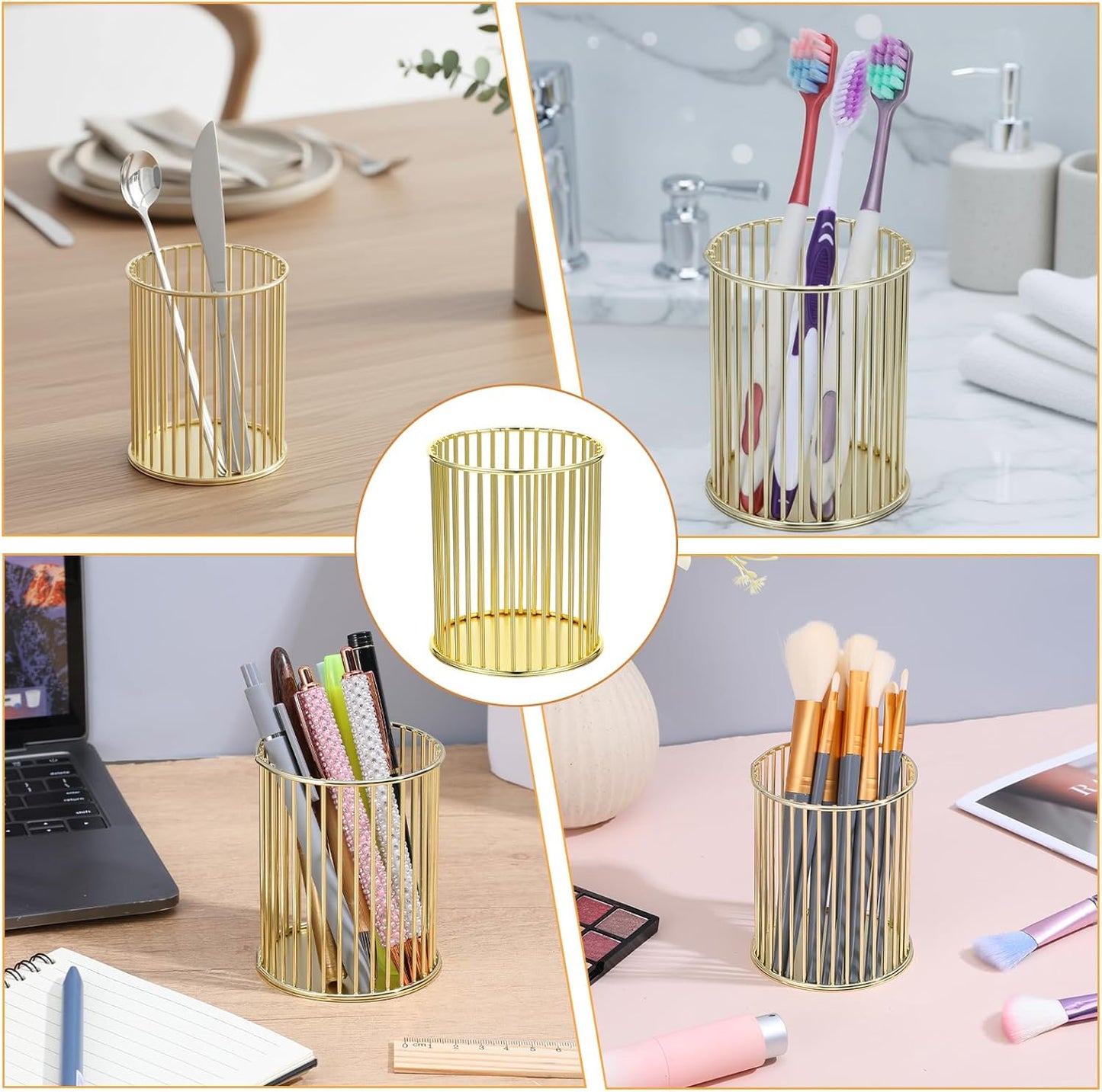 Lemecima 6 Pack Pencil Cups, Round Wire Metal Pen Cups Makeup Brush Holder, Cylindrical Desktop Organizer Office School Home Supplier, Golden, 3.94" H × 3.15" D