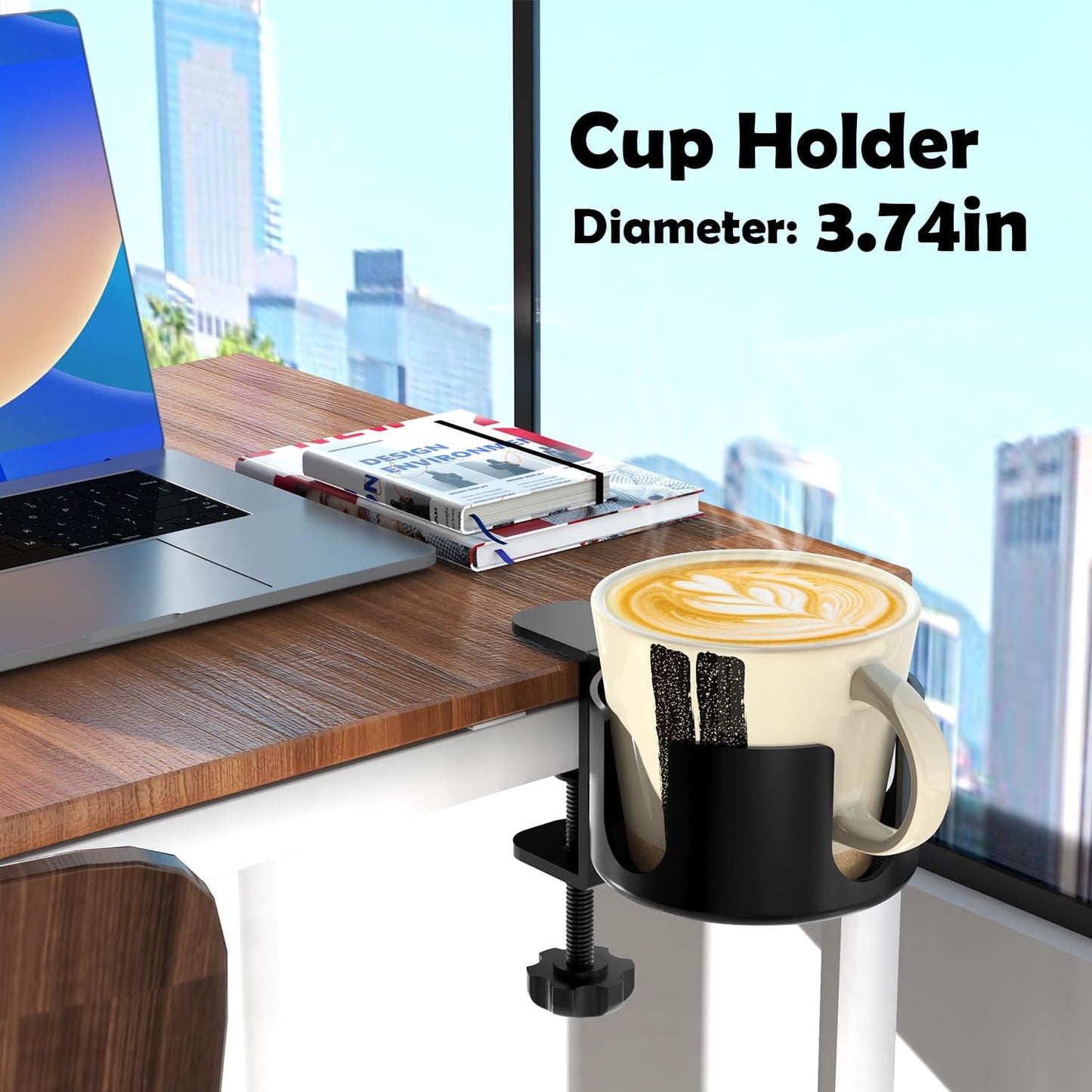 Large Desk Cup Holder Clamp, Anti-Spill Cup Holder for Your Desk or Table,Cup Holder Inner Diameter 9.5cm,Capacity 5kg/11lb Compatible with Universal Cup, Bottles(Black) (Desk Cup Holder)