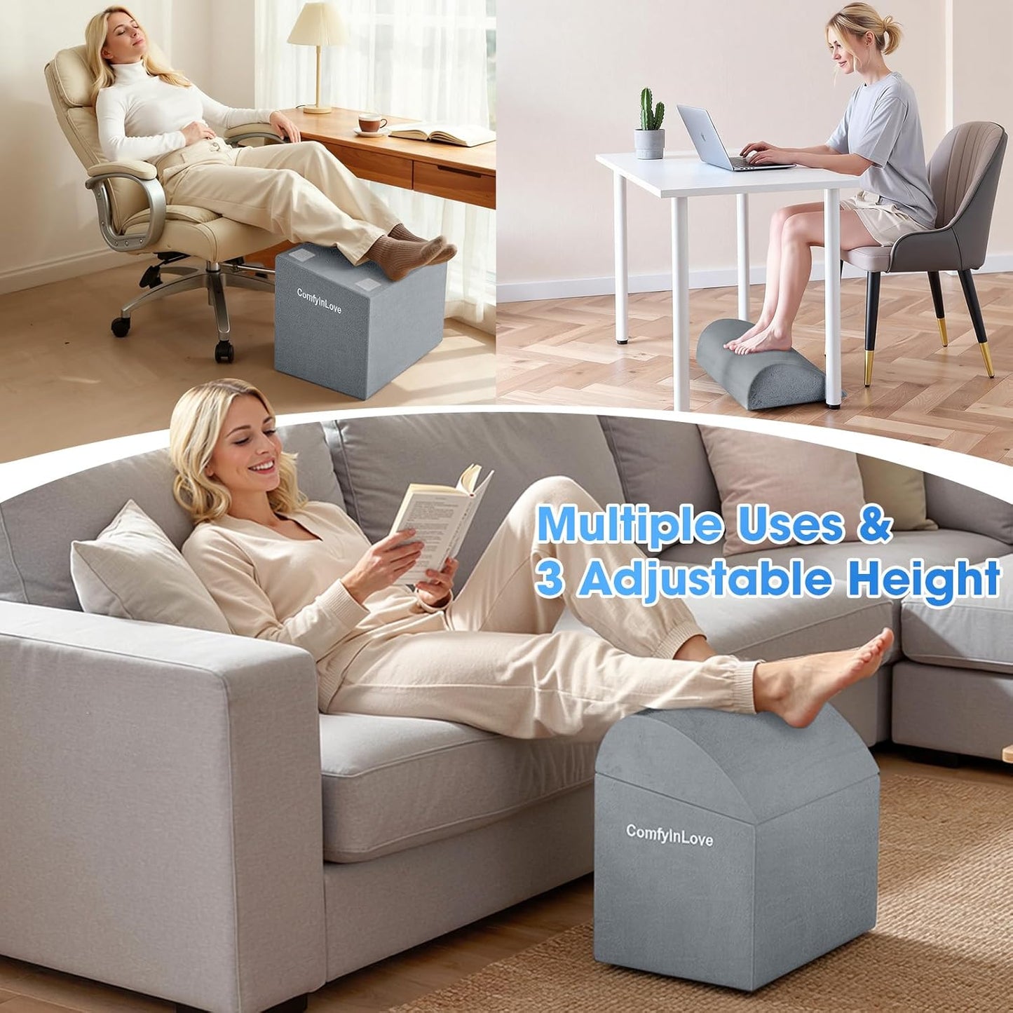 Foot Rest for Under Desk at Work - Non-Slip Foot Stool with 3 Adjustable Heights, Ergonomic Under Desk Footrest with Washable Cover for Leg Elevation, Desk, Home, Office, Car (Dark Grey)