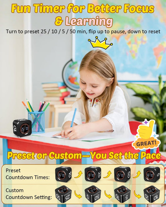 Digital Pomodoro Timer Cube 5/10/25/50min, Visual Productivity Flip Timer for Kids Classroom Desk, Custom Countdown, Silent and Sound Mode for ADHD Study Work Game Kitchen (Pink)