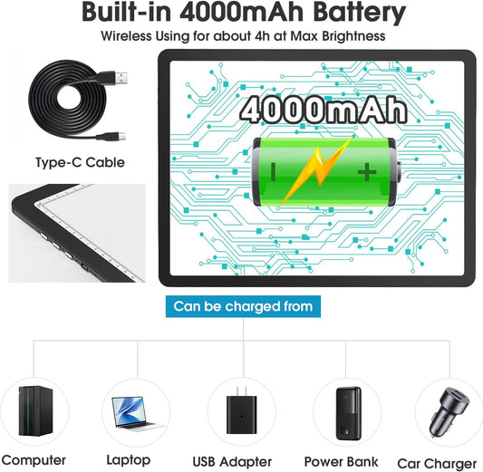 Rechargeable A3 Light Pad with Carry Bag, High-Brightness Tracing Light Box with 6 Levels of Brightness, Side Physical Buttons & 3 Colors, Wireless Light Board for Diamond Painting, Drawing, Sketching