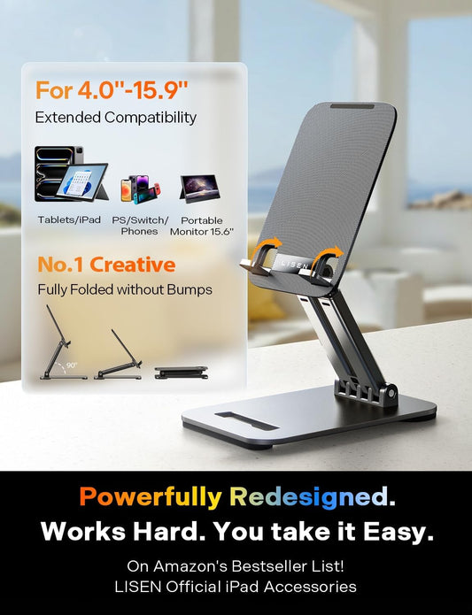 LISEN Tablet Stand for iPad, Tablet Holder for Desk, Desk Accessories Portable Monitor Stand for Apple iPad mini Air Switch Kindle, Adjustable Height and Angle, Foldable Design for Travel
