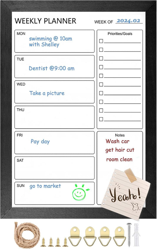 Dry Erase White Board Weekly Calendar Board, Magnetic Whiteboard for Wall,13“x17 Solid Wood Rustic Brown Framed Message Board, Planner Board for Office, Home, School(Weekly-BB-RB-3343)
