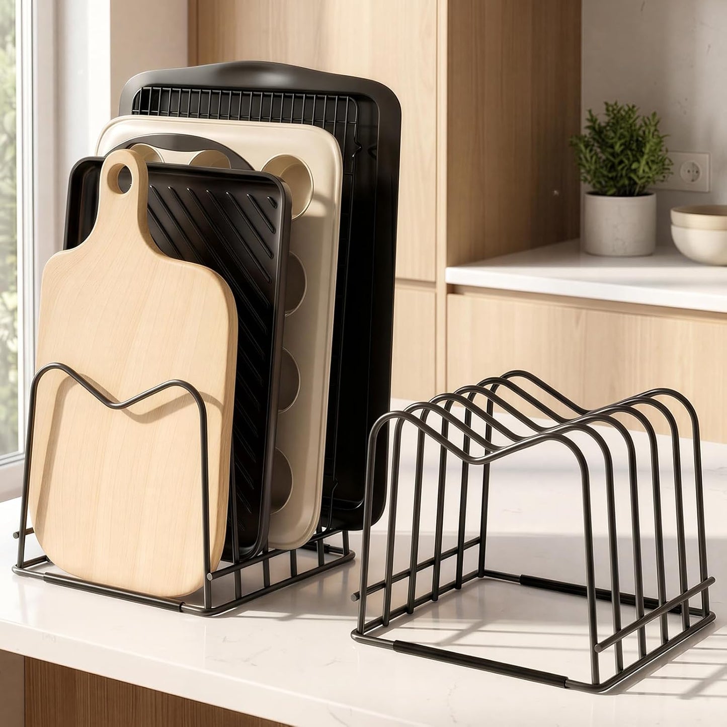 ORDORA Cutting Board Holder Stand Rack Organizer for Cabinet, 5mm Wire Storage Rack for Countertop, Baking Cookie Sheet Pan Organizer inside Cabinet, Chopping Board Holder for Pots, Lids and Skillets