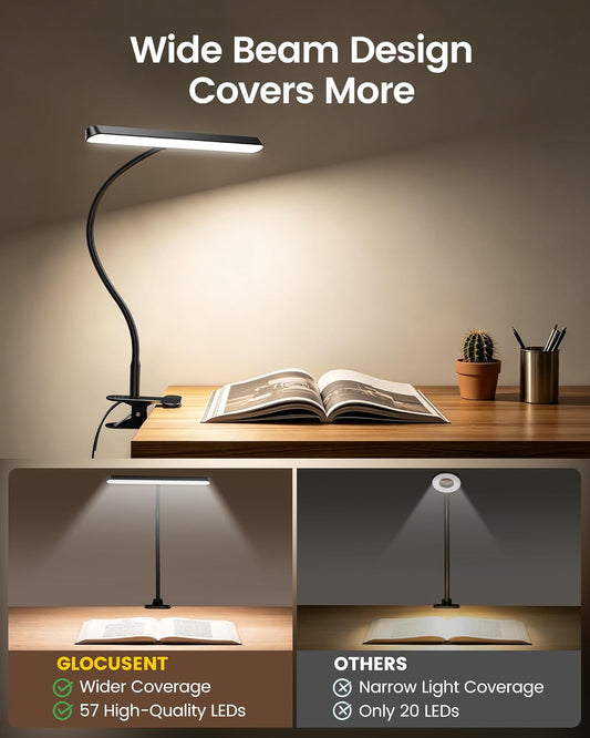 Glocusent 7W Horizontal Clip on Light, 57 LED Eye Caring Reading Light, 5 Brightness & 3 Colors with Amber Mode for Bedside Reading, 2.75" Clamp & 30Min Timer, USB Powered Clip on Lamp for Work, Craft