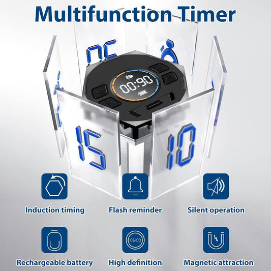Multi-Hexagon Pomodoro Timer, Digital Cube With Various Time Presets, Magnetic Visual & Flip Focus, Rotating Display, Silent & Alarm, Count Up & Countdown for Classroom, Cook, Gym, Office