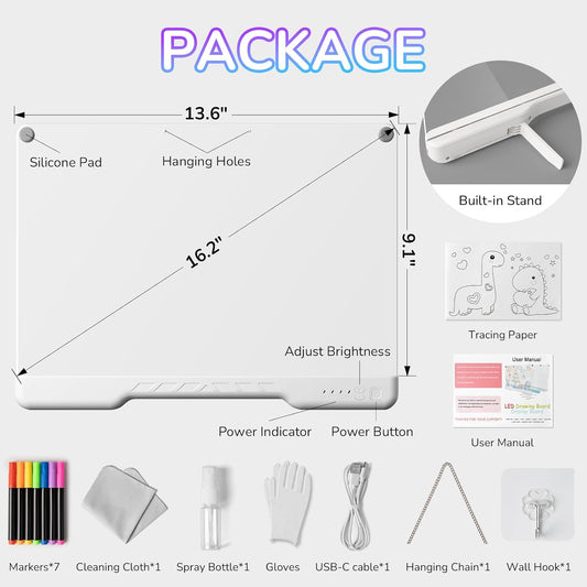 16" Rechargeable LED Drawing Board for Kids,MIXVOVA Light Up Drawing Tablet with 7 Colors & 4 Modes,Dry Erase Doodle Glow LED Note Board with 7 Markers,Christmas Birthday Children's Day Gifts for Kids