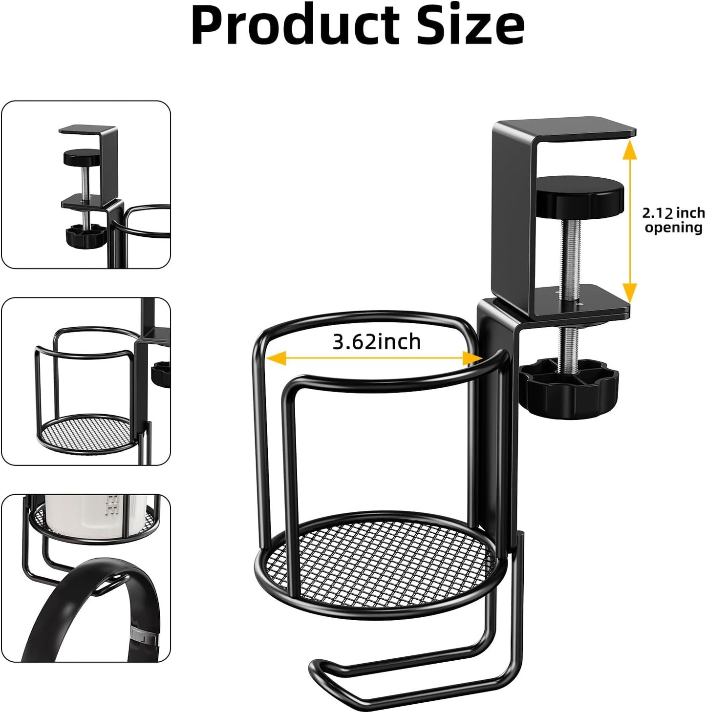 CABTE 2 in 1 Desk Cup Holder with Headphone Hanger Holder, Anti-Spill Clip-On Table Cup Hook with 360° Rotation for Lawn Chair, Office Home Gaming Table (1 Pack)