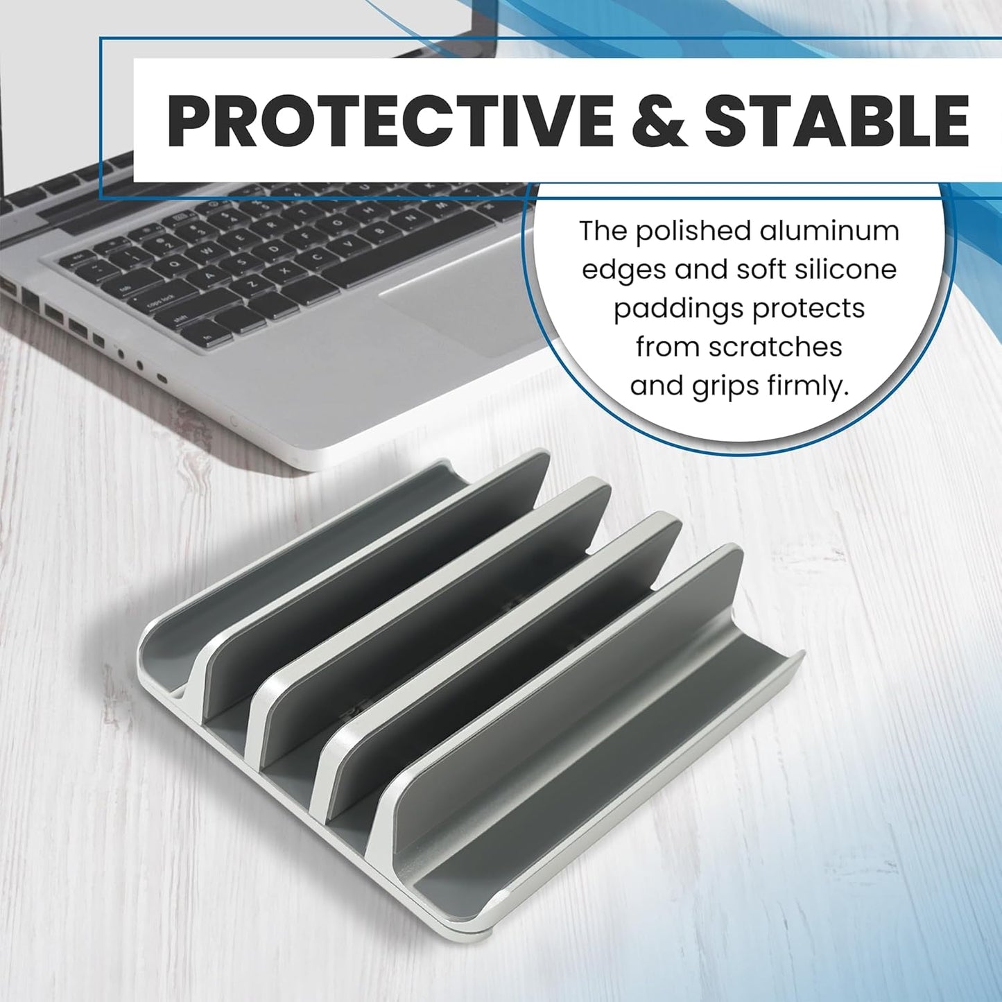 Elestoria 5- Slot Vertical Laptop Stand - Aluminum Laptop Stand Vertical for Desk - Fits MacBook Pro/Air, Surface, Mobiles & Gaming Laptops up to 17.3" - Heavy Duty Laptop Holder for Desk - (Silver)
