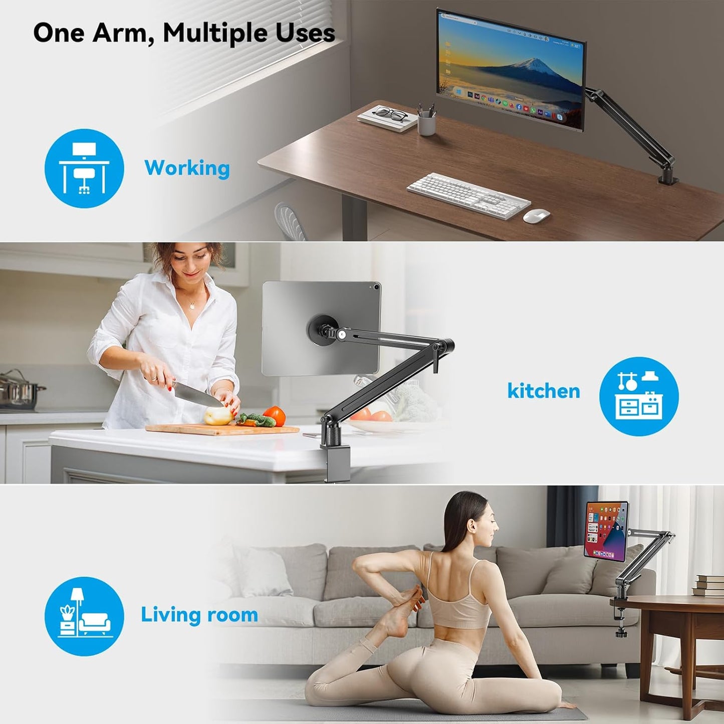 Portable Monitor Stand Large Clamp - Heavy Duty Aluminum Body supports up to 4.4 lbs 16" 17.3" 18.5 inch 360° Rotating Base Swivel Foldable Desk Stand for iPad Holder Tablet Mount for Kitchen/Travel