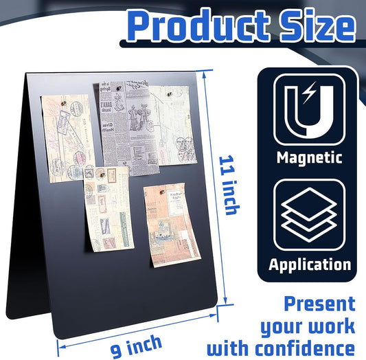 Leinuosen 1 Pcs 12 x 10 Inch Magnetic Bulletin Board Metal Magnet Board Magnet Display Stand for Tabletop Desktop Home Kitchen Office Decor (Black)