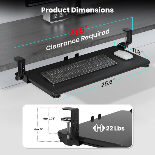 Keyboard Tray Under Desk, Pull Out Keyboard & Mouse Tray with Adjustable C-clamp, 25.6(31.5 Including Clamps) x 11.8 Inch Slide Out Computer Keyboard Drawer Mouse Tray for Typing,White