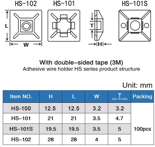 XHF 100 PCS 3/4" Black Self Adhesive Cable Zip Tie Mounts Wire Cable Clips Holders Management Anchors Organizer Holders Squares(HS-101S)