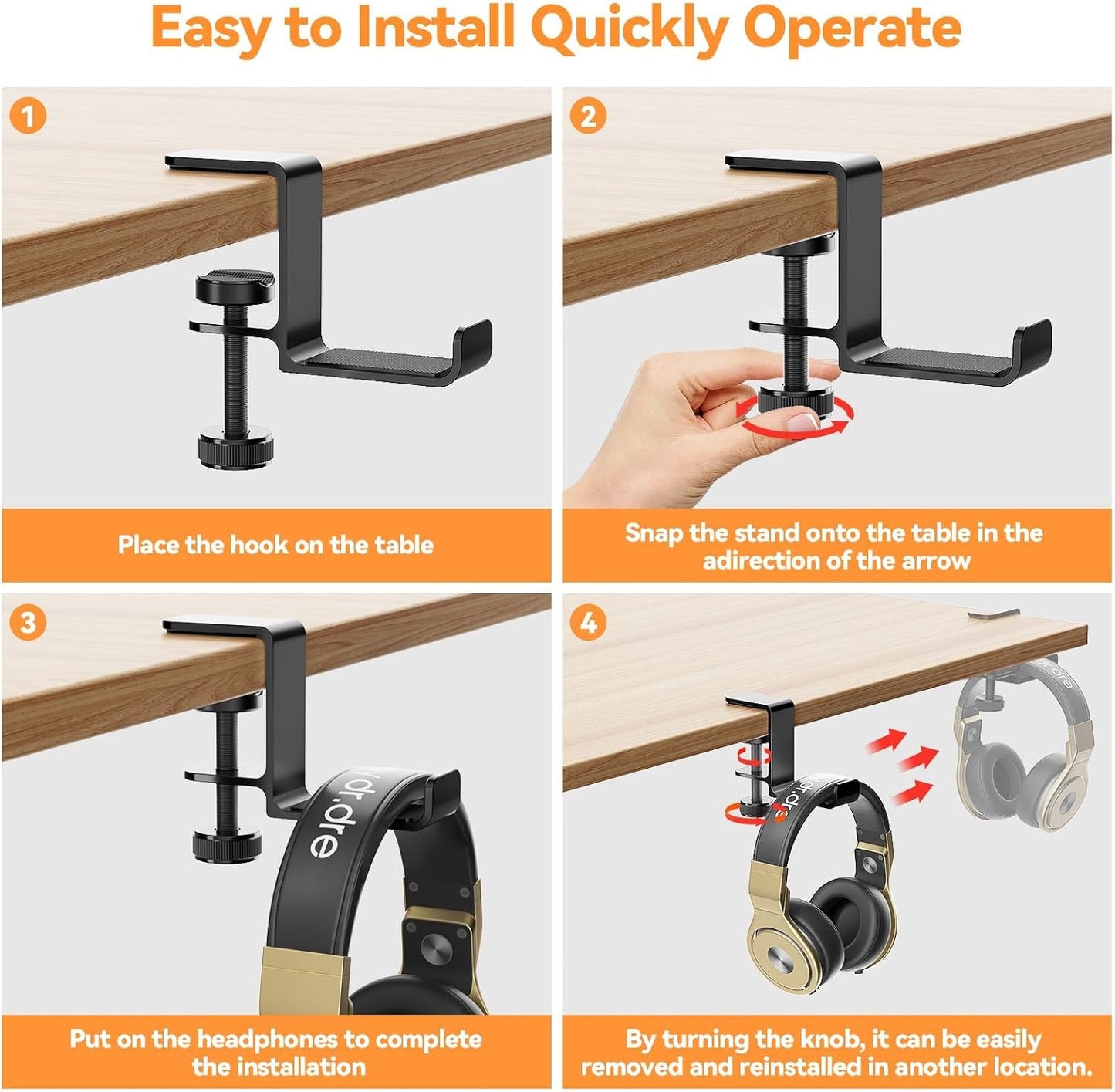 Headphone Hanger Holder Stand-Under Desk Headphone Hanger, Headset Hook Holder Space-Saving Aluminum Stand with Universal Fit for Gaming PC Accessories (Black-1PCS)