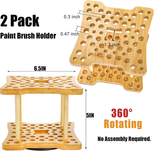 Cedilis 2 Pack Rotating Paint Brush Holder, 59 Holes Bamboo Paintbrush Holder Organizer for Pen, Pencil, Watercolor Brushes, Artist, No Assembly Required