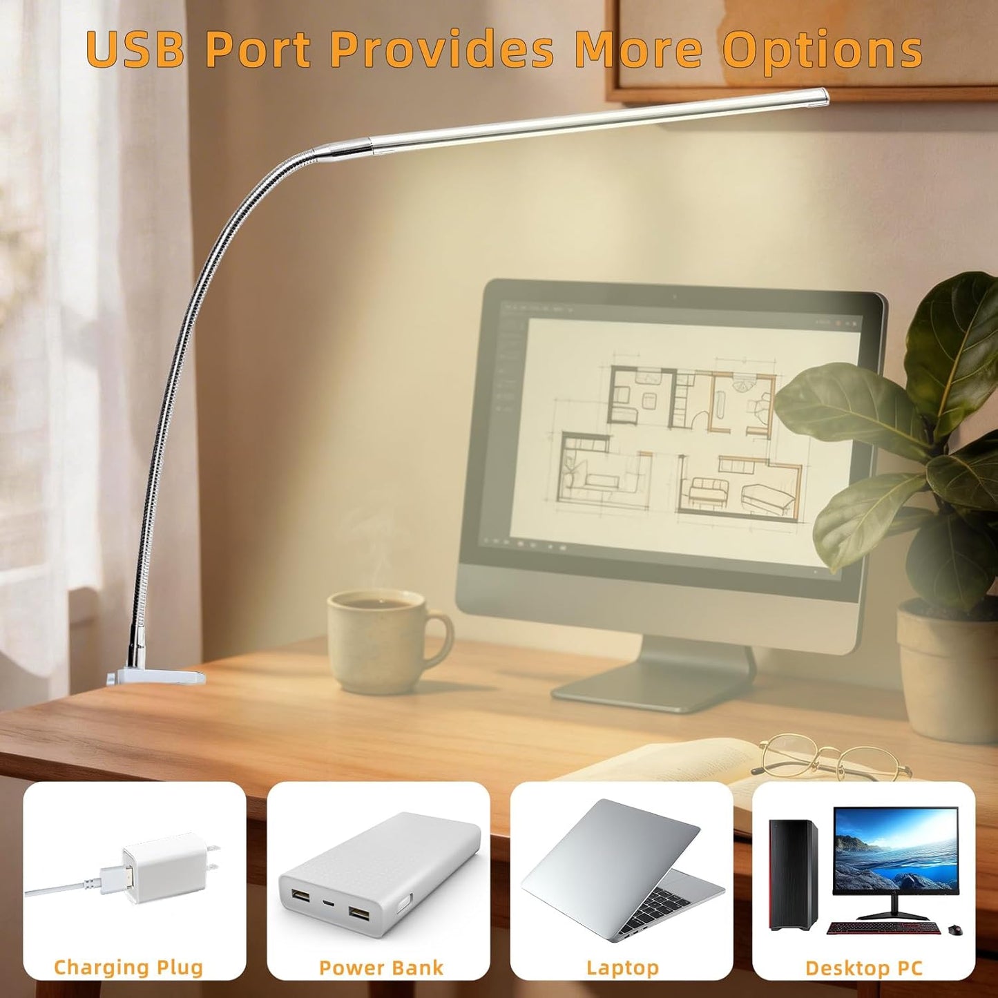 Space Aluminum LED Desk Lamp with Clamp, Clip on Light for Reading Study Desk Light 3 Modes 10 Brightness Flexible Gooseneck with USB Adapter Table Lamp for Home Office Computer Nail Work