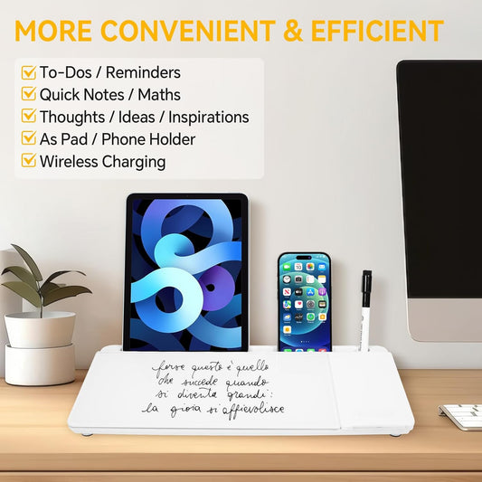 Small Glass Desktop Whiteboard Dry Erase Board with Wireless Charger Station - Computer Pad Keyboard Stand with Organizer for Home, School, Office Desk Accessories