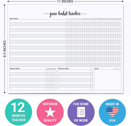 321Done Habit Tracker Calendar, Made in USA - 12 Months Wall Hanging Productivity Journal 8.5x11, Spiral Binding Undated Motivational Monthly Planner to Track Habits and Goals