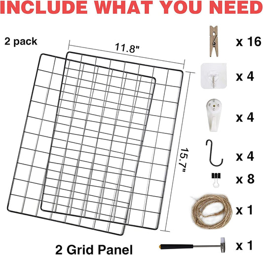 C&AHOME Photo Wall Display Set of 2, Grid Panel with Hooks, Clips, Hemp Cord, Hammer - 15.7" x 11.8", White UWWGM3402W